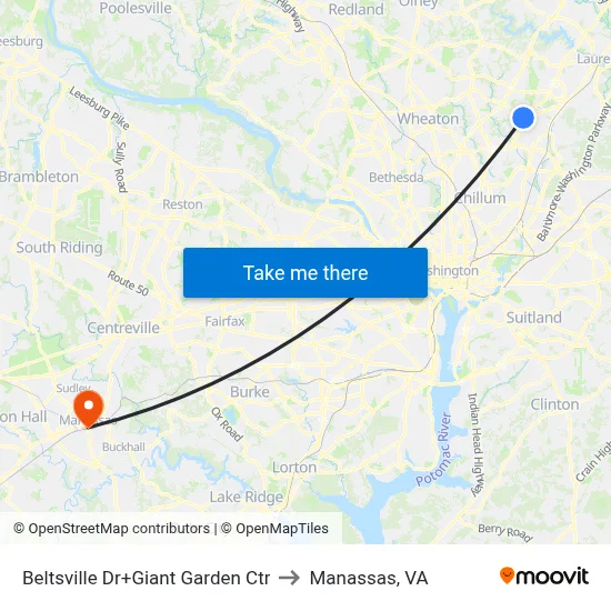 Beltsville Dr+Giant Garden Ctr to Manassas, VA map