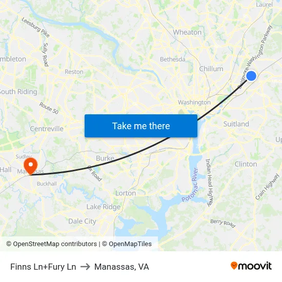Finns Ln+Fury Ln to Manassas, VA map