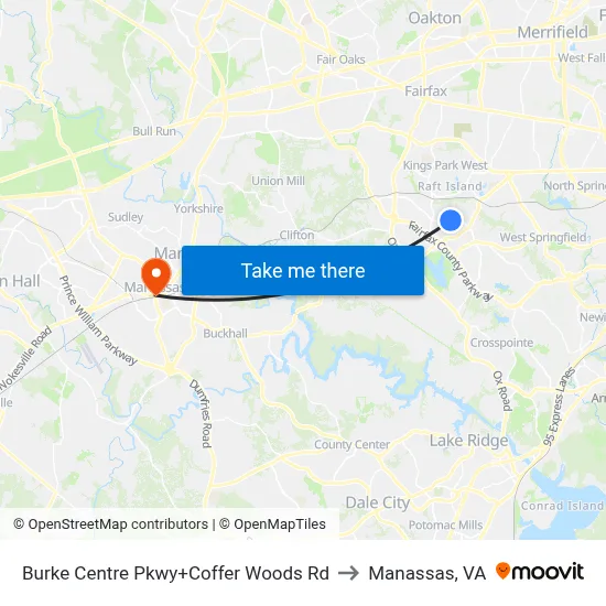 Burke Centre Pkwy+Coffer Woods Rd to Manassas, VA map