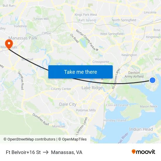 Ft Belvoir+16 St to Manassas, VA map