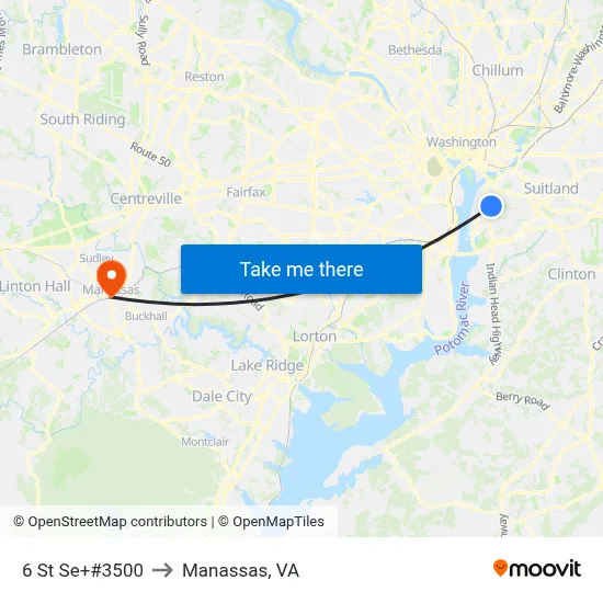 6 St Se+#3500 to Manassas, VA map
