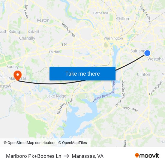 Marlboro Pk+Boones Ln to Manassas, VA map
