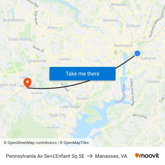 Pennsylvania Av Se+L'Enfant Sq SE to Manassas, VA map