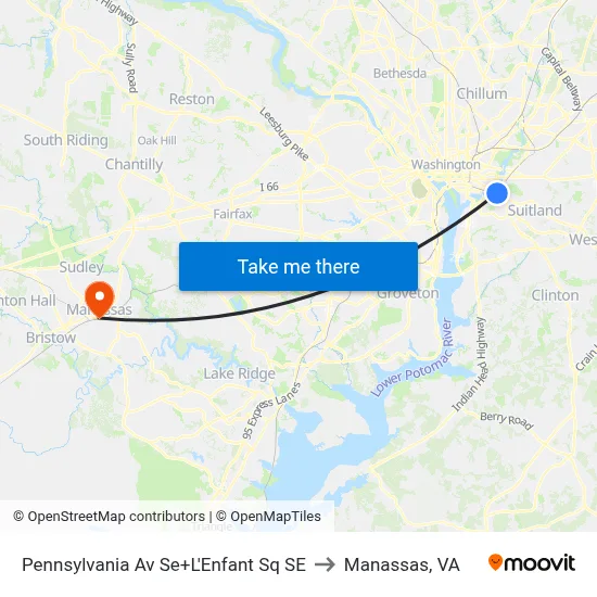 Pennsylvania Av Se+L'Enfant Sq SE to Manassas, VA map