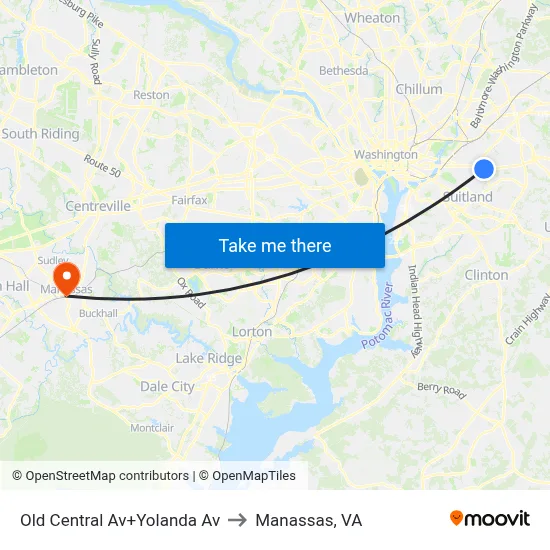Old Central Av+Yolanda Av to Manassas, VA map