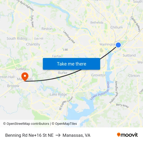 Benning Rd Ne+16 St NE to Manassas, VA map