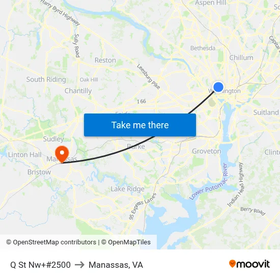 Q St Nw+#2500 to Manassas, VA map