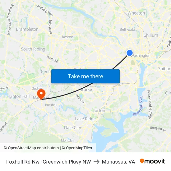 Foxhall Rd Nw+Greenwich Pkwy NW to Manassas, VA map