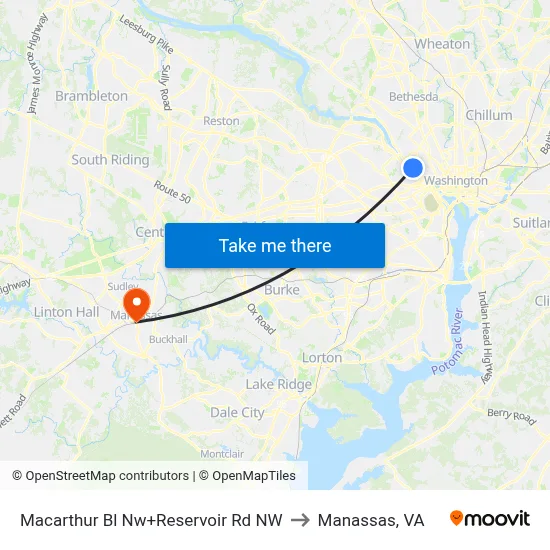 Macarthur Bl Nw+Reservoir Rd NW to Manassas, VA map