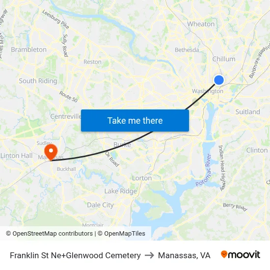 Franklin St Ne+Glenwood Cemetery to Manassas, VA map