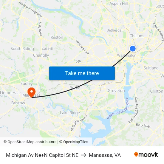 Michigan Av Ne+N Capitol St NE to Manassas, VA map