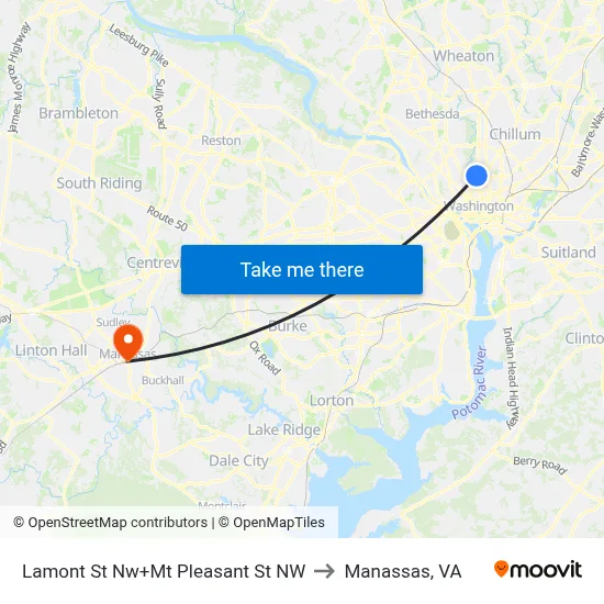 Lamont St Nw+Mt Pleasant St NW to Manassas, VA map