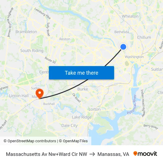 Massachusetts Av Nw+Ward Cir NW to Manassas, VA map
