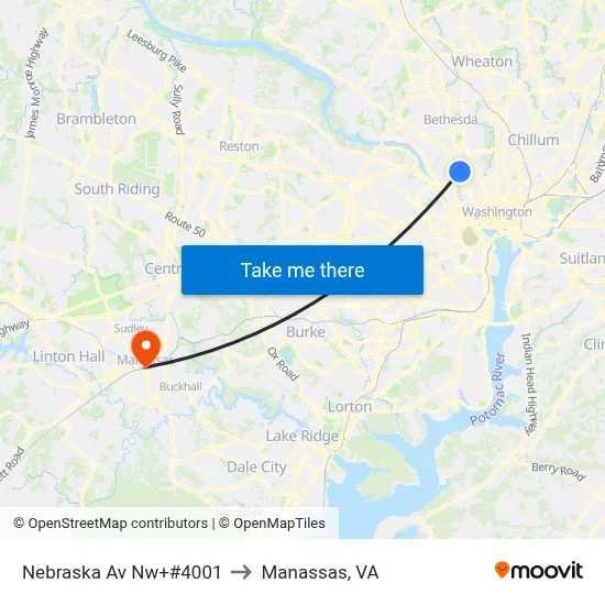 Nebraska Av Nw+#4001 to Manassas, VA map