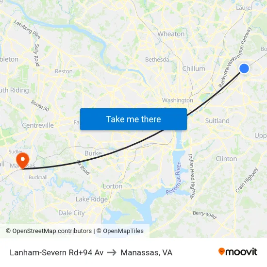 Lanham-Severn Rd+94 Av to Manassas, VA map