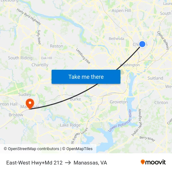 East-West Hwy+Md 212 to Manassas, VA map