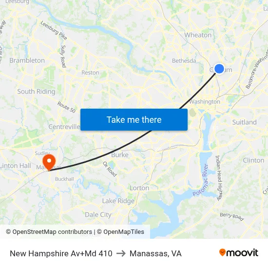 New Hampshire Av+Md 410 to Manassas, VA map