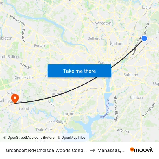 Greenbelt Rd+Chelsea Woods Condos to Manassas, VA map
