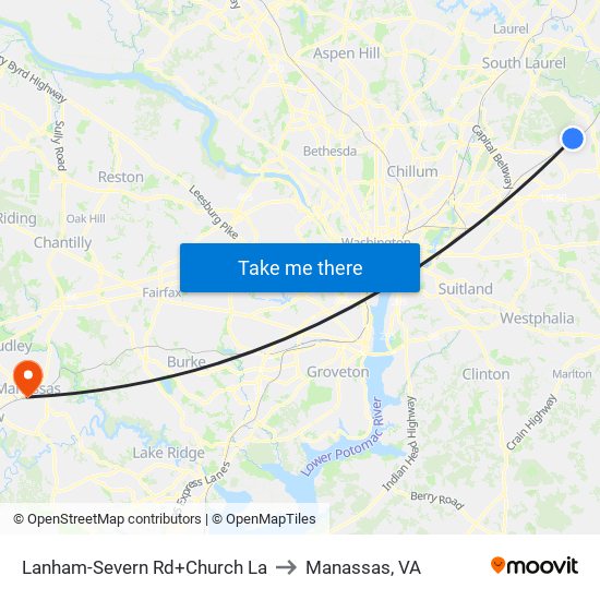 Lanham-Severn Rd+Church La to Manassas, VA map