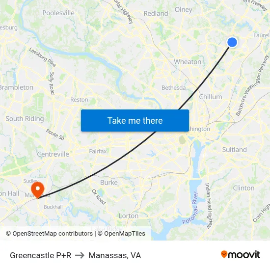 Greencastle P+R to Manassas, VA map