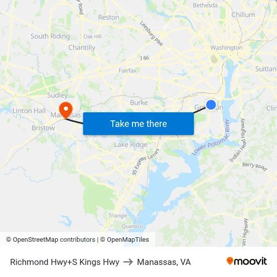 Richmond Hwy+S Kings Hwy to Manassas, VA map