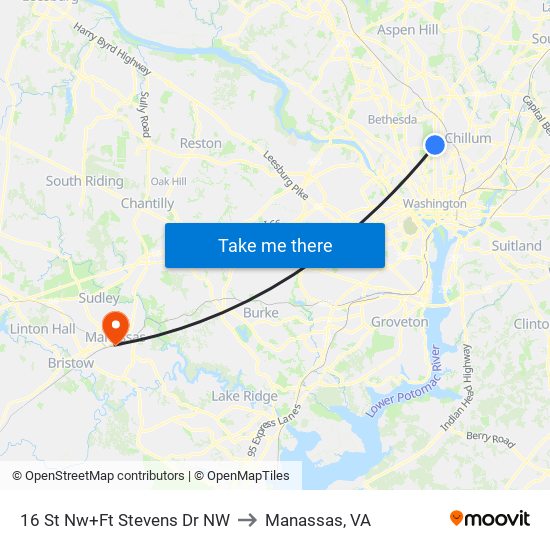 16 St Nw+Ft Stevens Dr NW to Manassas, VA map