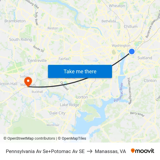 Pennsylvania Av Se+Potomac Av SE to Manassas, VA map