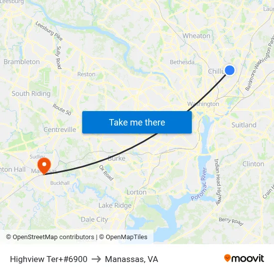 Highview Ter+#6900 to Manassas, VA map