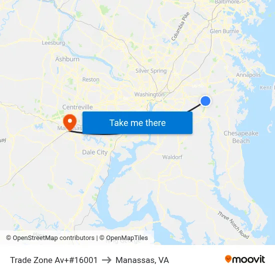 Trade Zone Av+#16001 to Manassas, VA map