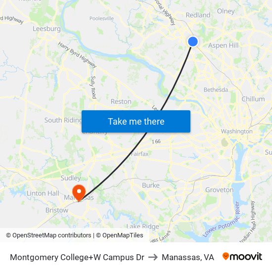 Montgomery College+W Campus Dr to Manassas, VA map
