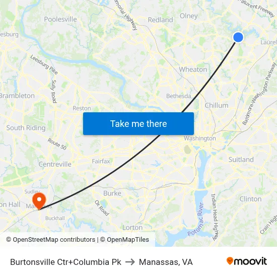 Burtonsville Ctr+Columbia Pk to Manassas, VA map