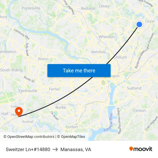 Sweitzer Ln+#14880 to Manassas, VA map