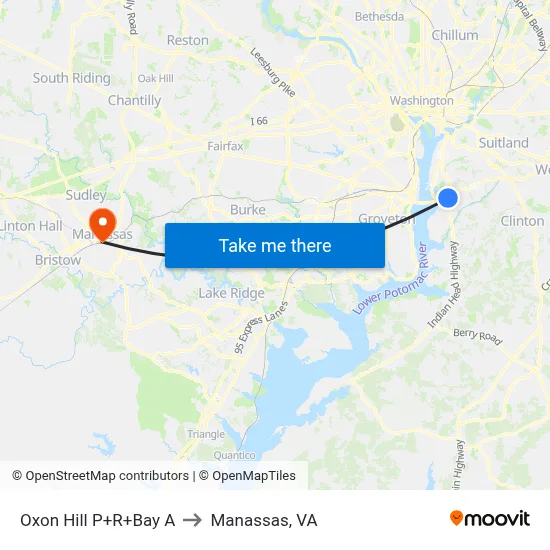 Oxon Hill P+R+Bay A to Manassas, VA map