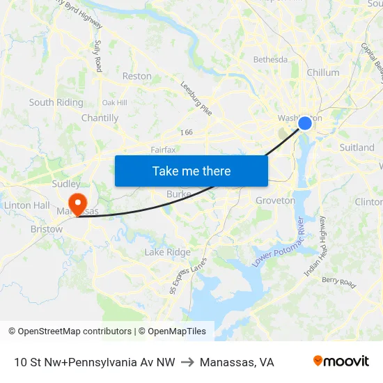 10 St Nw+Pennsylvania Av NW to Manassas, VA map