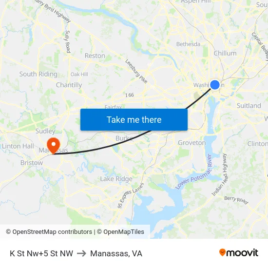 K St Nw+5 St NW to Manassas, VA map