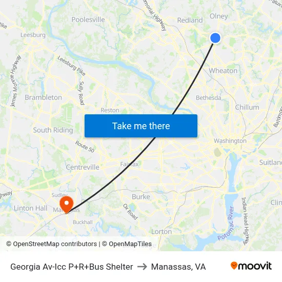 Georgia Av-Icc P+R+Bus Shelter to Manassas, VA map