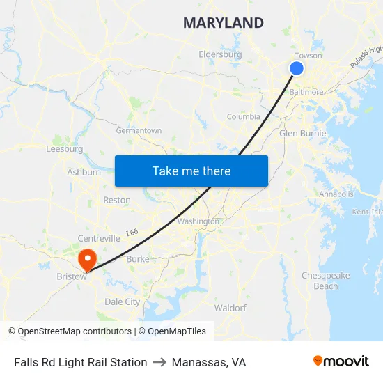Falls Rd Light Rail Station to Manassas, VA map