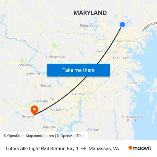 Lutherville Light Rail Station Bay 1 to Manassas, VA map