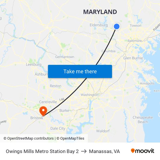 Owings Mills Metro Station Bay 2 to Manassas, VA map