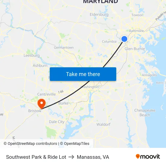 Southwest Park & Ride Lot to Manassas, VA map