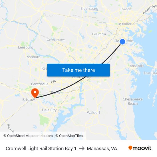 Cromwell Light Rail Station Bay 1 to Manassas, VA map