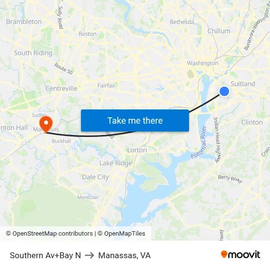 Southern Av+Bay N to Manassas, VA map