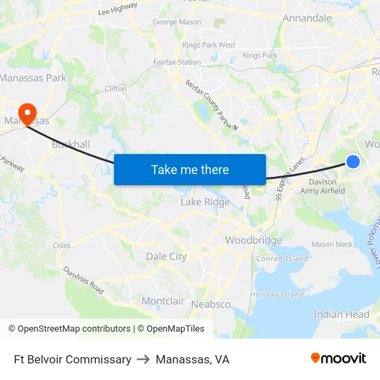 Ft Belvoir Commissary to Manassas, VA map