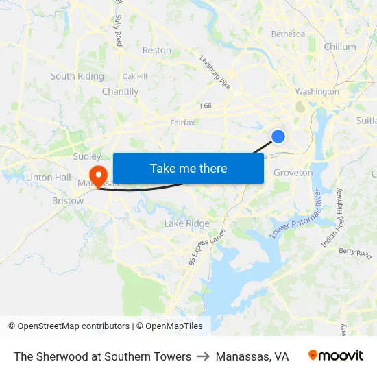 The Sherwood at Southern Towers to Manassas, VA map