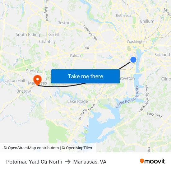 Potomac Yard Ctr North to Manassas, VA map
