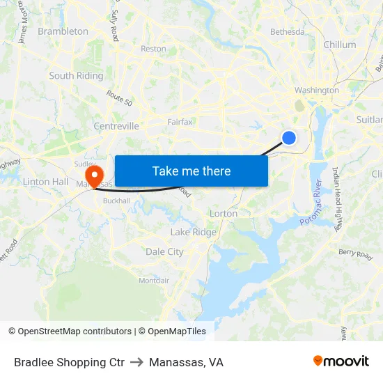 Bradlee Shopping Ctr to Manassas, VA map