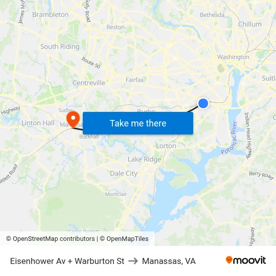 Eisenhower Av + Warburton St to Manassas, VA map
