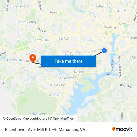 Eisenhower Av + Mill Rd to Manassas, VA map
