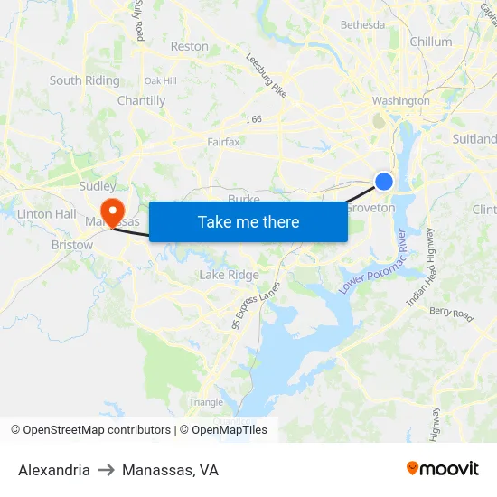 Alexandria to Manassas, VA map
