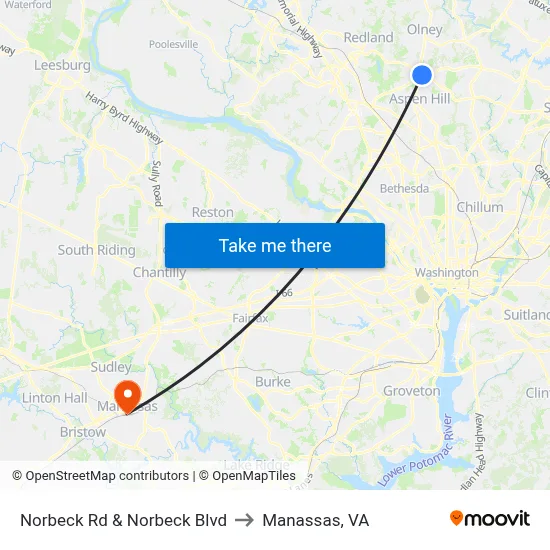 Norbeck Rd & Norbeck Blvd to Manassas, VA map